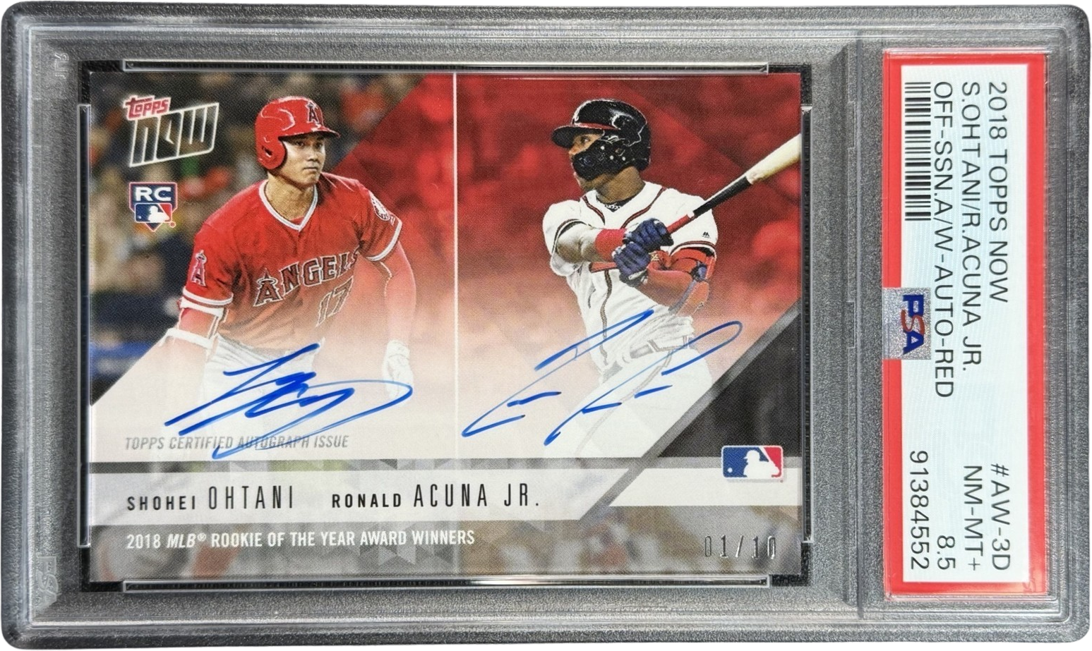 SHOHEI OHTANI RONALD ACUNA PSA 2018 TOPPS NOW ROOKIE AWARD WINNER AUTO RED 01/10