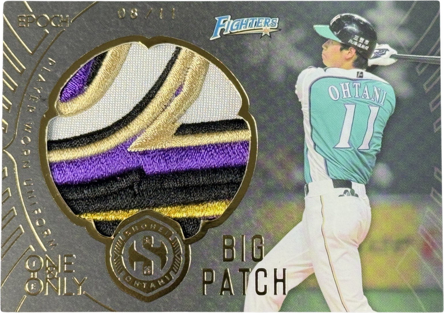 SHOHEI OHTANI 2019 EPOCH THE ONE & ONLY BIG PATCH FIGHTERS LOGO PLAYER WORN 8/11